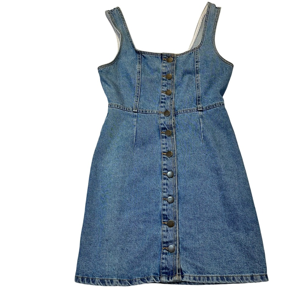 Urban Outfitters Denim Dress‎ Womens Medium Blue 90s Button Front Pinafore Mini